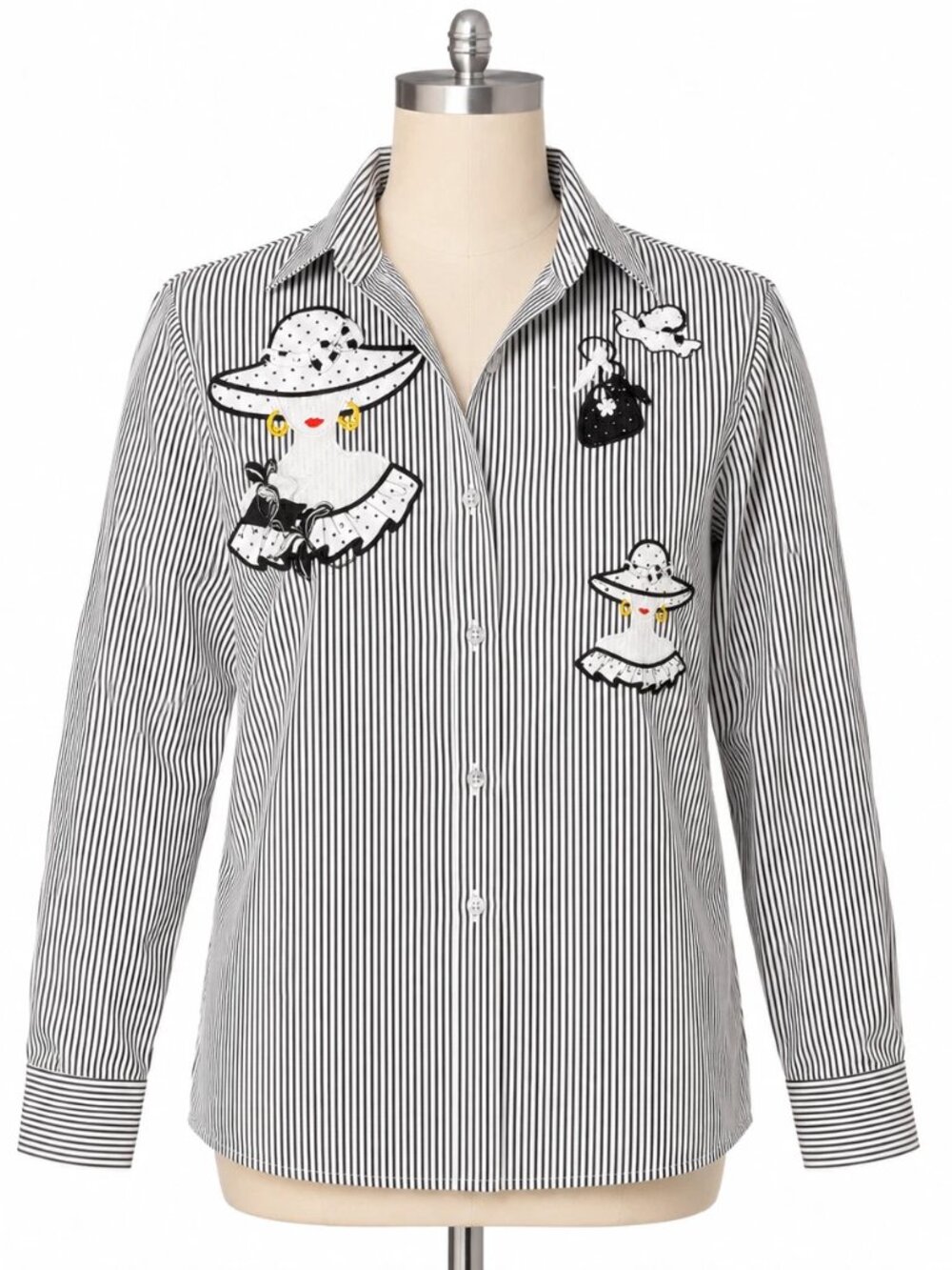 VTG Apache Black & White Striped SM Long Sleeve Button Up Fashion Applique EUC